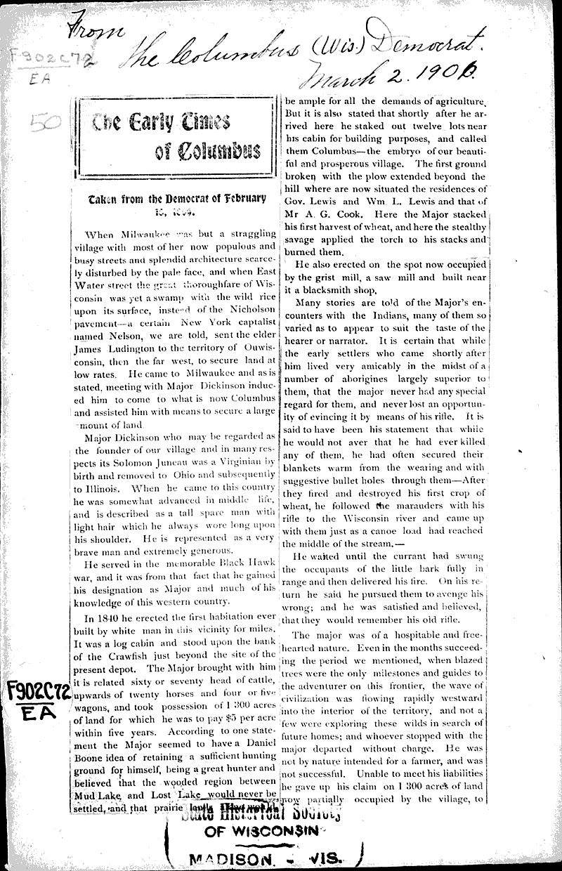 The early times of Columbus Newspaper Article/Clipping Wisconsin