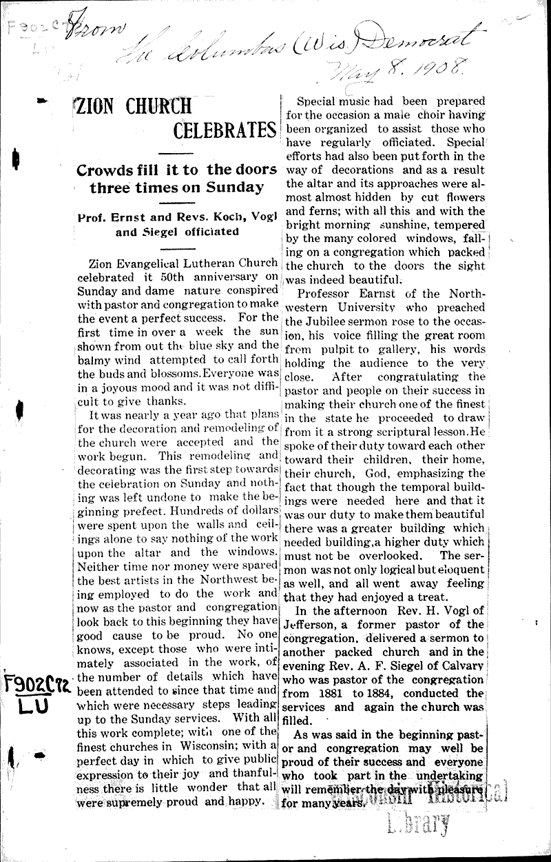  Source: Columbus Democrat Topics: Church History Date: 1908-05-08