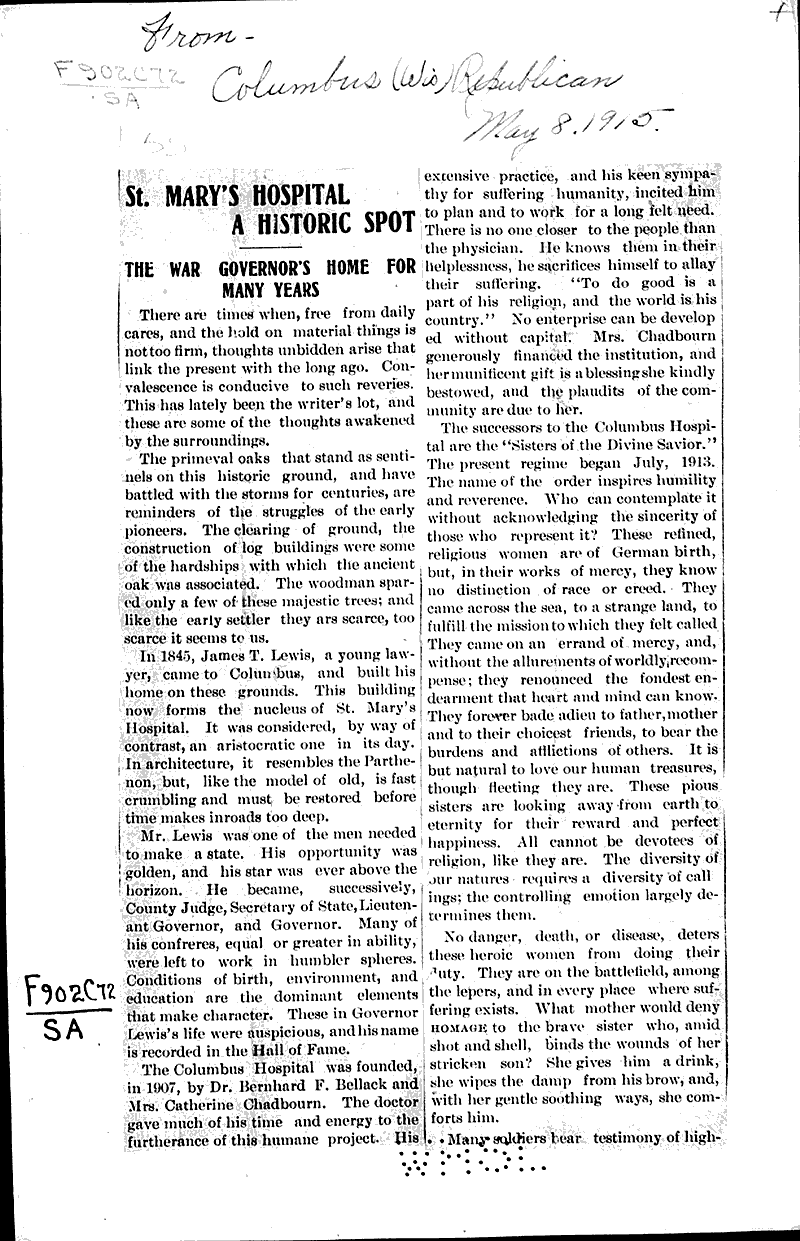 St. Mary's hospital a historic spot Newspaper Article/Clipping