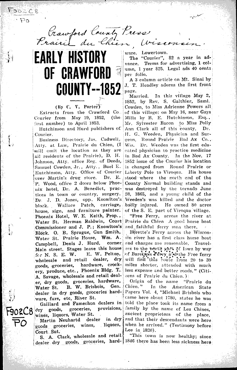 Early history of Crawford County 1852 Newspaper Article/Clipping