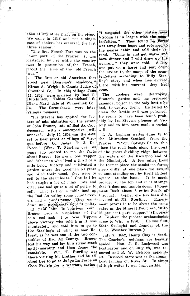 Early history of Crawford County 1852 Newspaper Article/Clipping