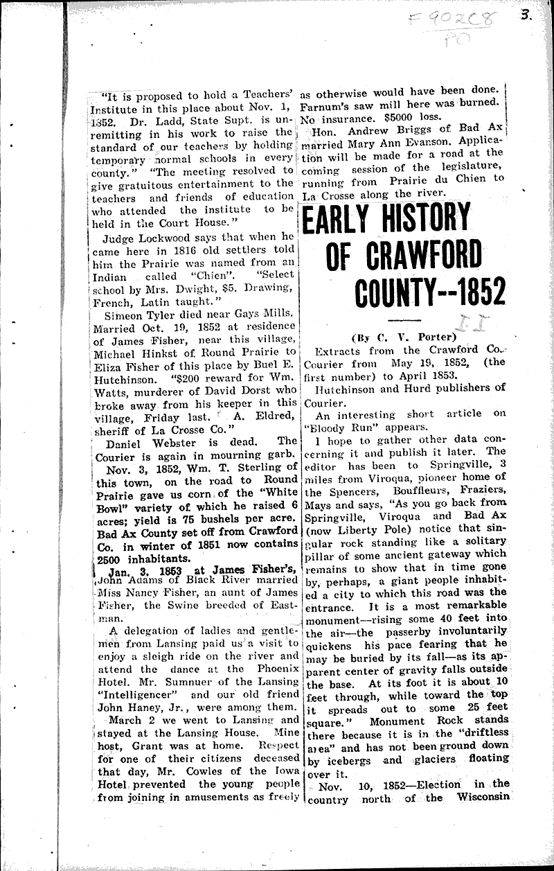 Early history of Crawford County 1852 Newspaper Article/Clipping