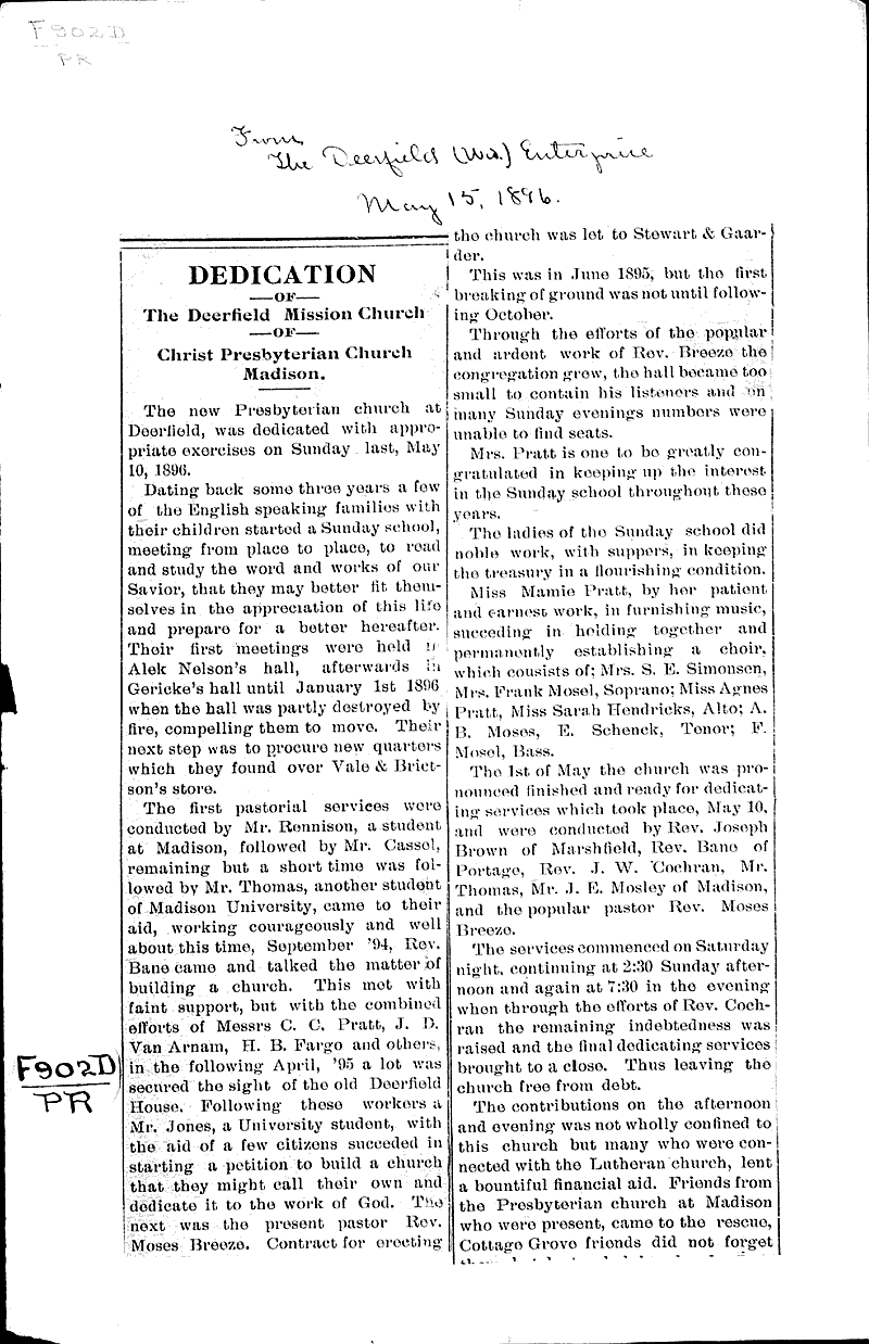 Dedication of the Deerfield Mission church Newspaper Article/Clipping