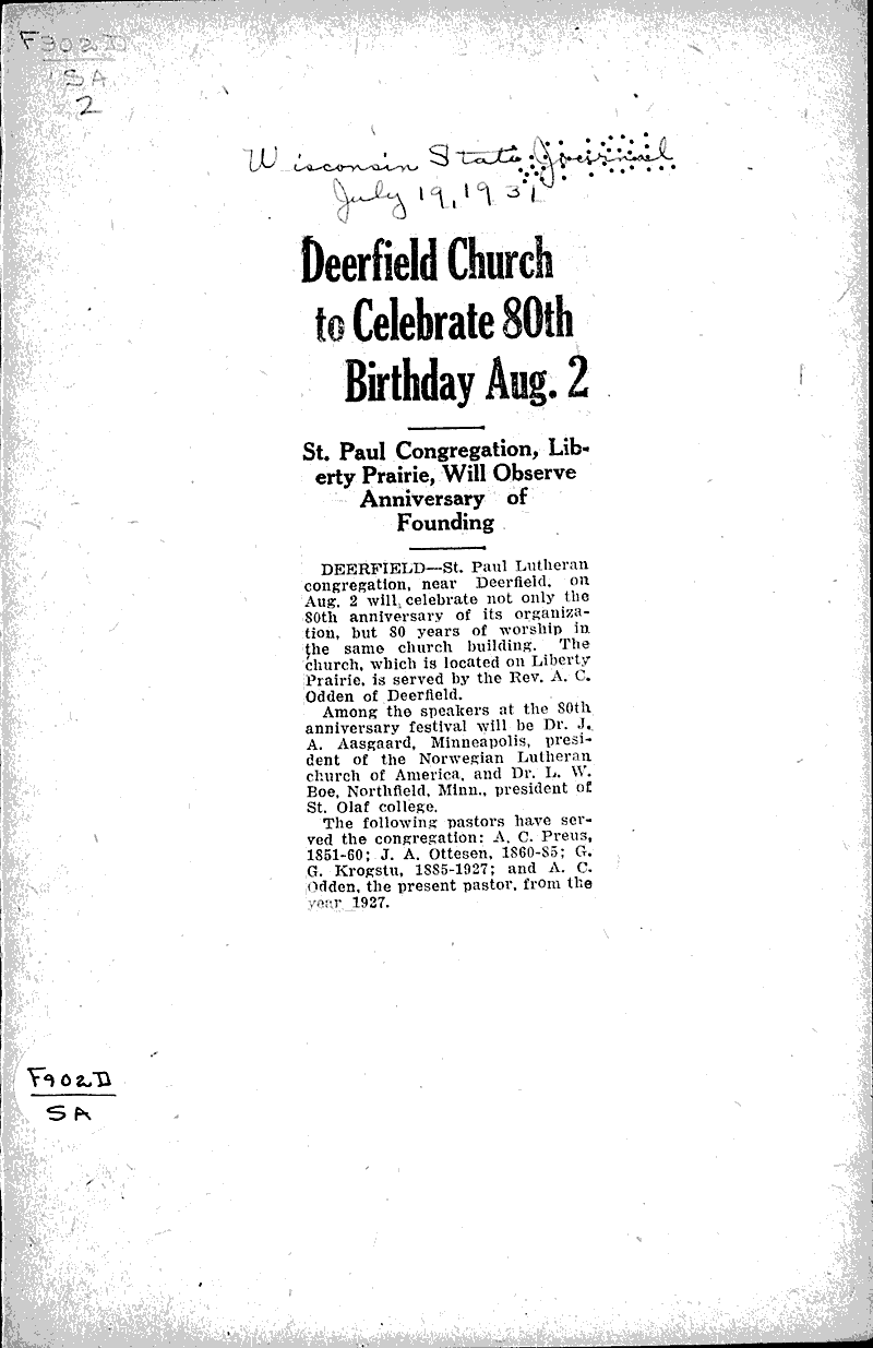 Deerfield church to celebrate 80th birthday Aug. 2 Newspaper Article
