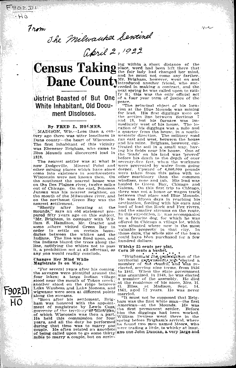 Census taking Dane County Newspaper Article/Clipping Wisconsin