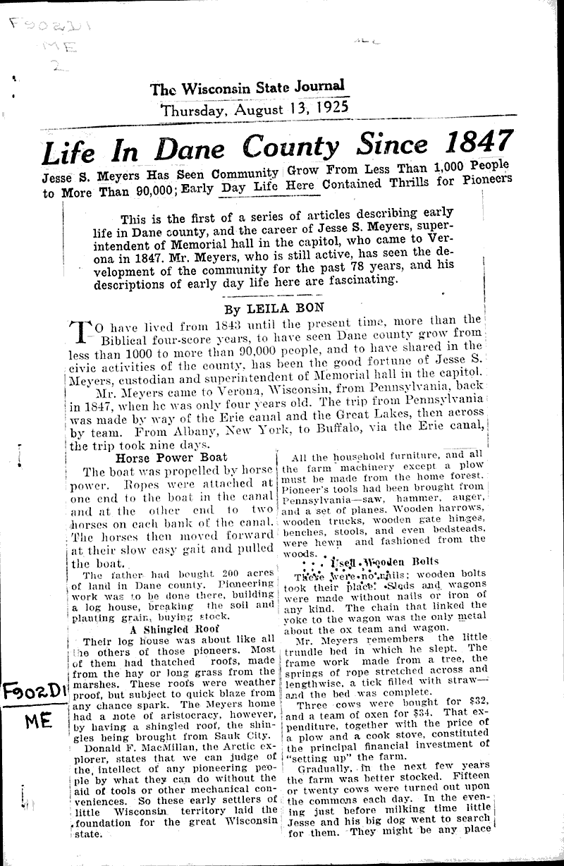 Life in dane county since 1847 Newspaper Article/Clipping Wisconsin