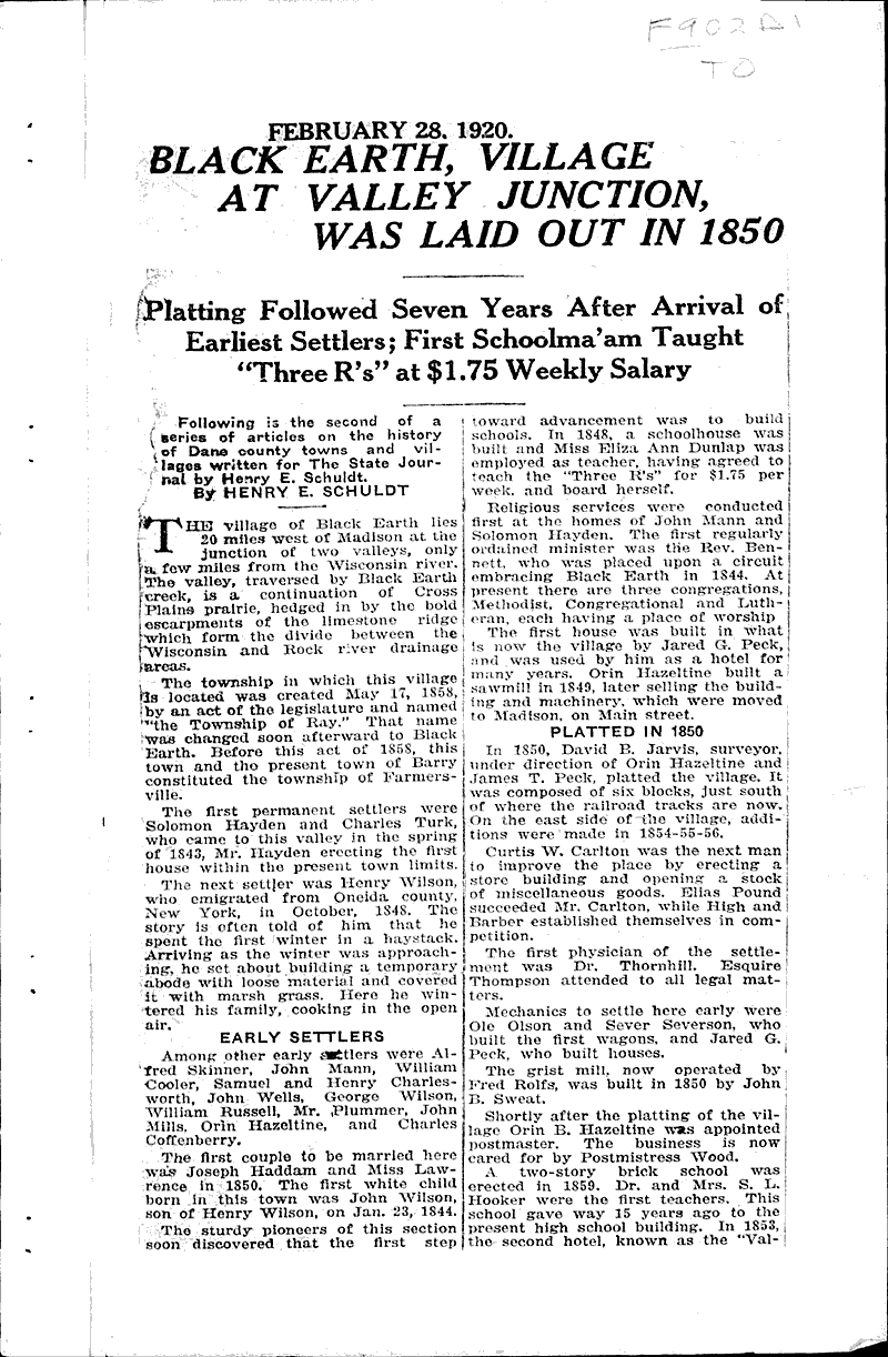 Black earth, village at valley junction, was laid out in 1850 Source: Wisconsin State Journal Topics: Immigrants Date: 1920-02-28