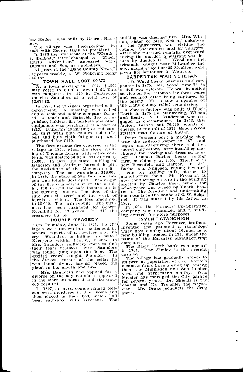 Black earth, village at valley junction, was laid out in 1850 Newspaper Article/Clipping
