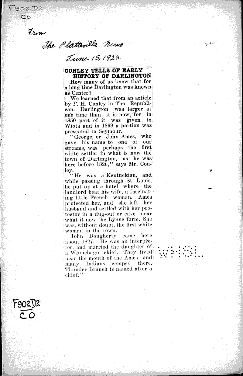 Conley tells of early history af Darlington Newspaper Article