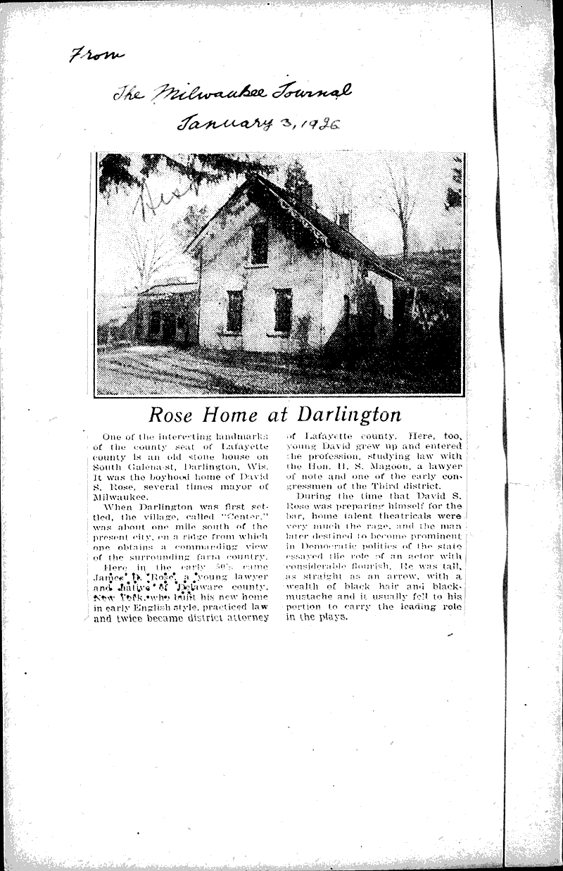 Rose home at Darlington Newspaper Article/Clipping Wisconsin