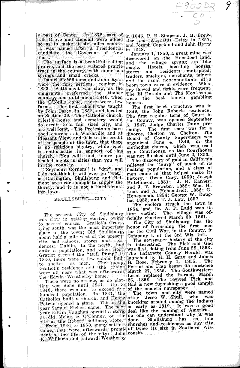 Shullsburg city Newspaper Article/Clipping Wisconsin Historical
