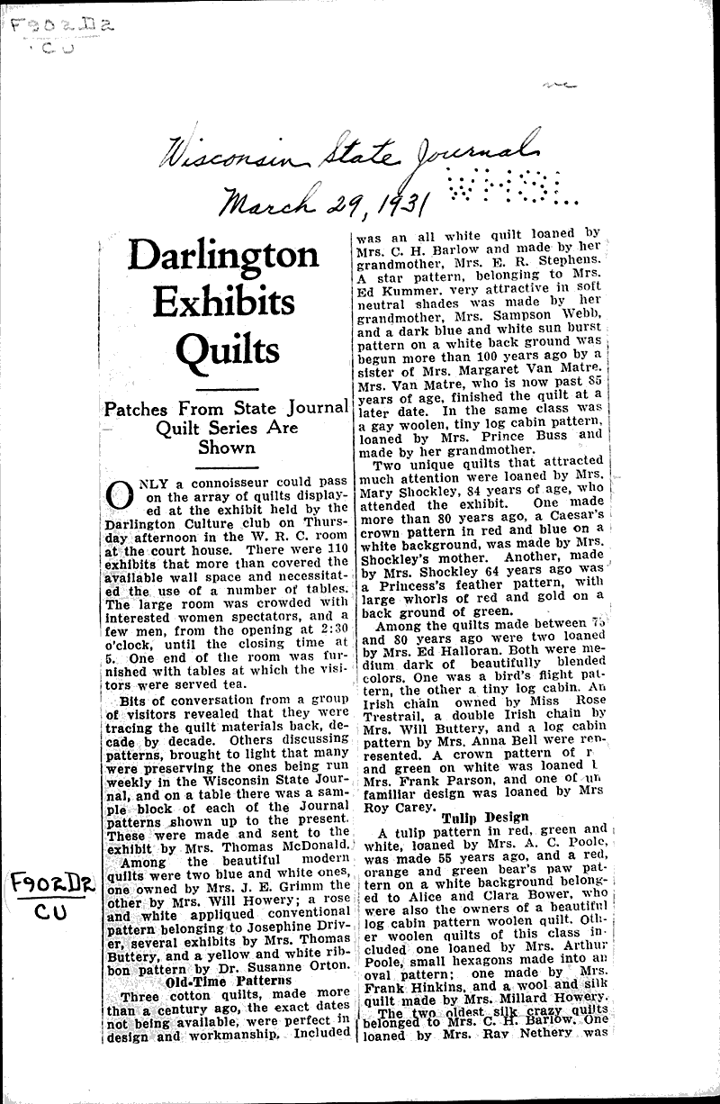 Darlington exhibits quilts Newspaper Article/Clipping Wisconsin