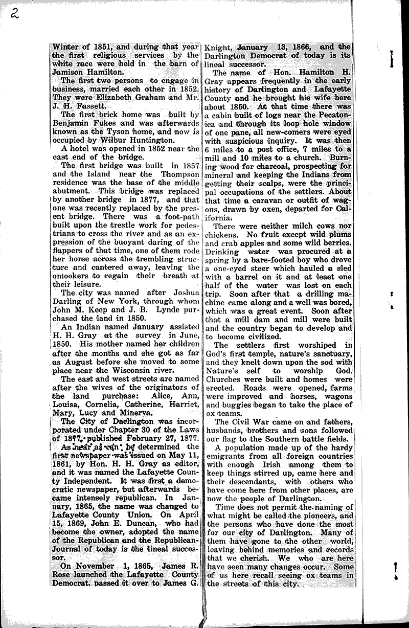 Darlington history Newspaper Article/Clipping Wisconsin Historical