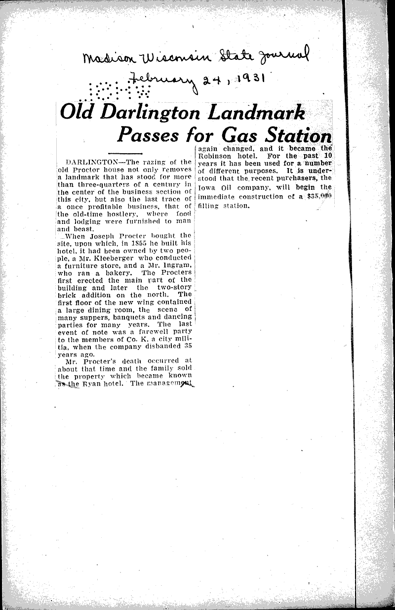 Old darlington landmark passes for gas station Newspaper Article