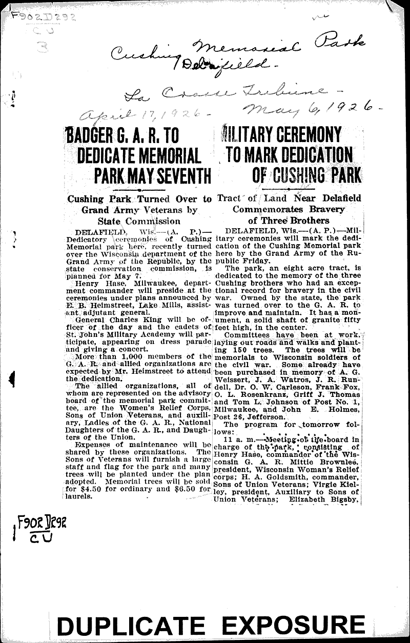  Source: La Crosse Tribune Topics: Civil War Date: 1926-04-17