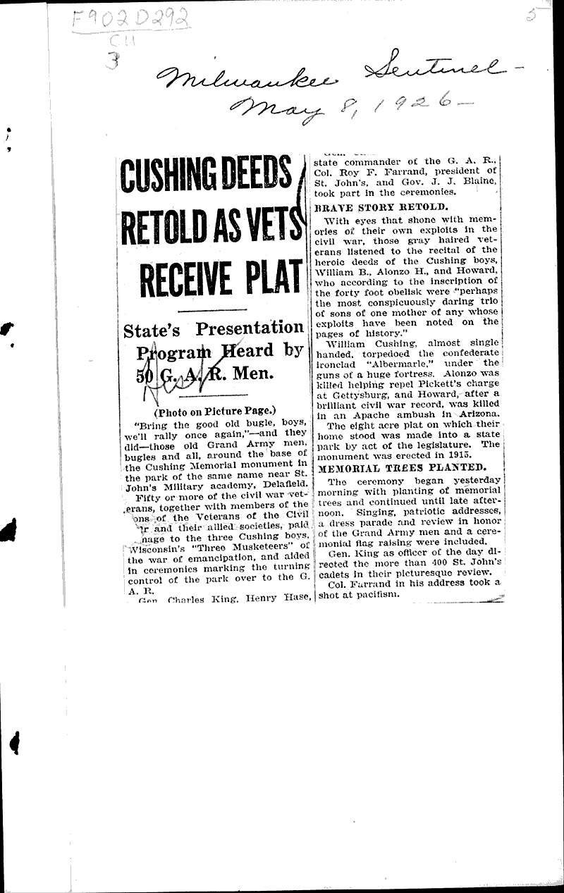  Source: La Crosse Tribune Topics: Civil War Date: 1926-04-17