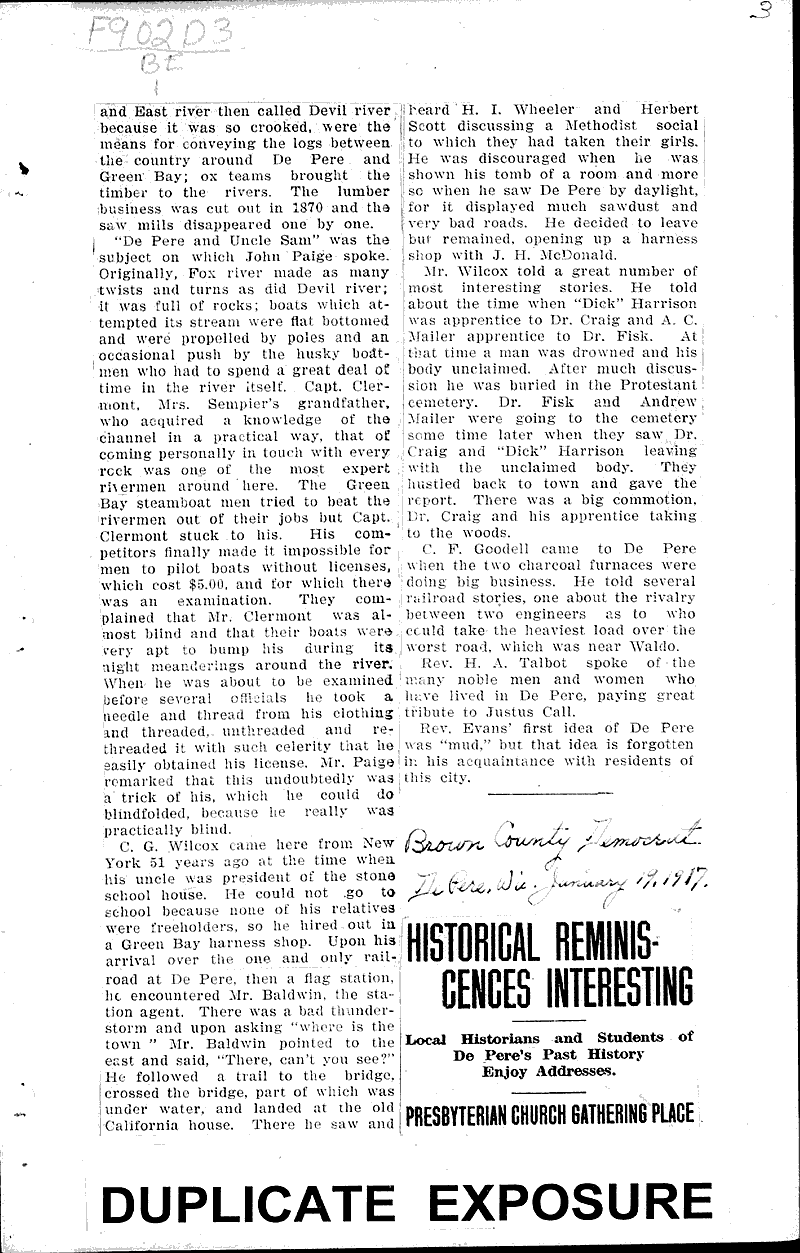 Reminiscences of old De Pere days related at social Newspaper Article