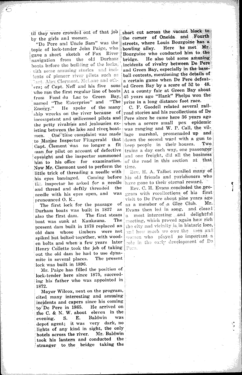 Reminiscences of old De Pere days related at social Newspaper Article