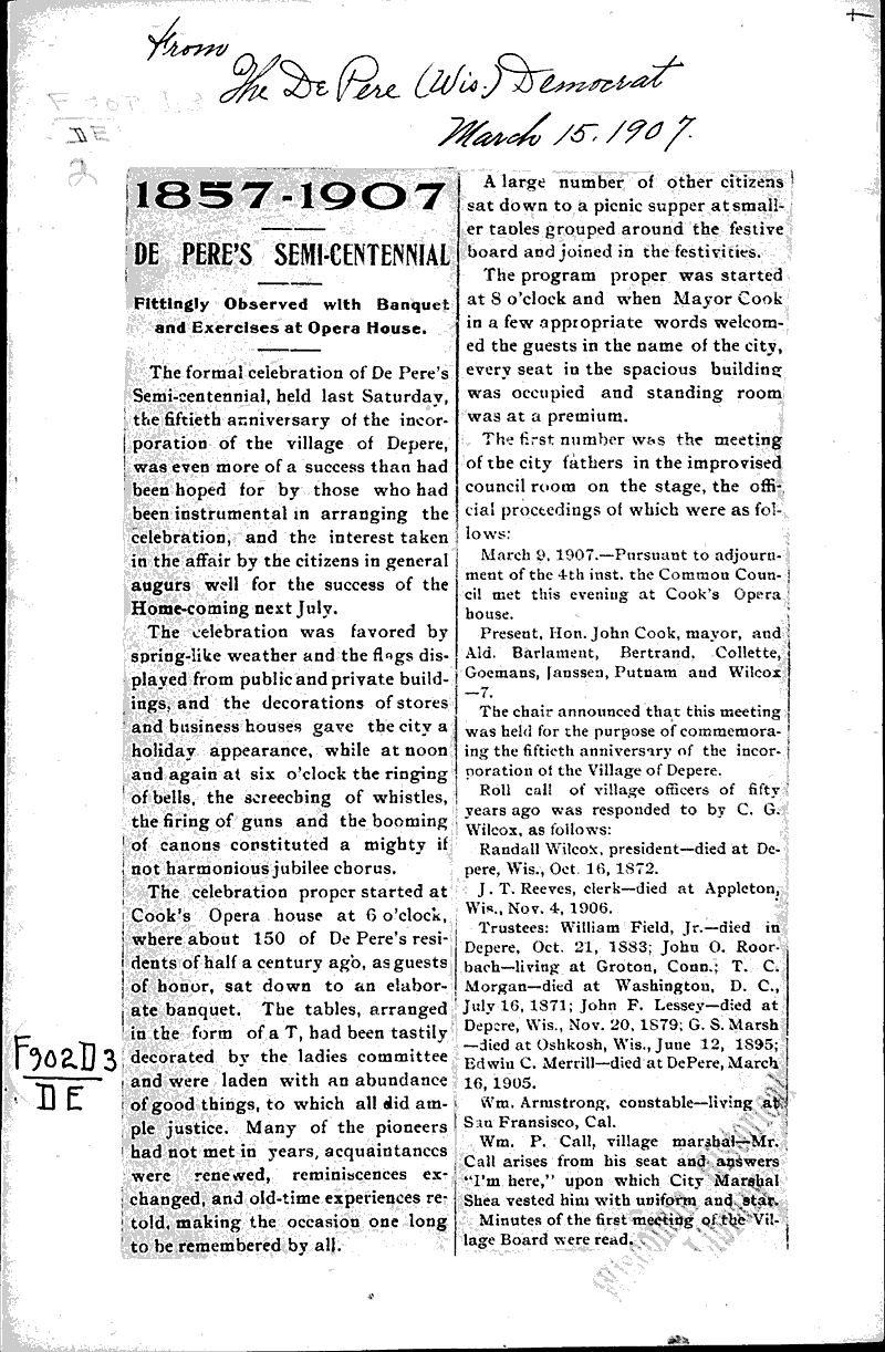  Source: De Pere Democrat Topics: Government and Politics Date: 1907-03-15