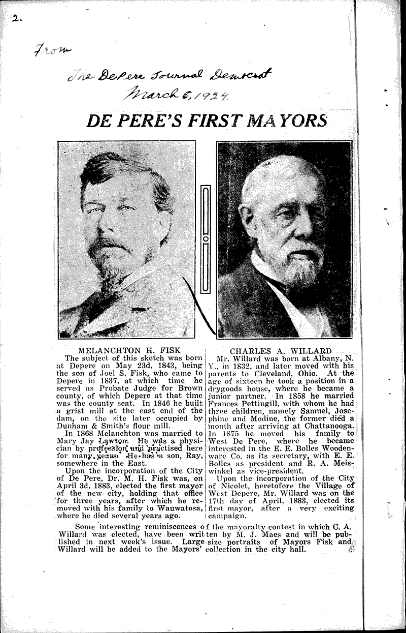 De Pere's first mayors Newspaper Article/Clipping Wisconsin