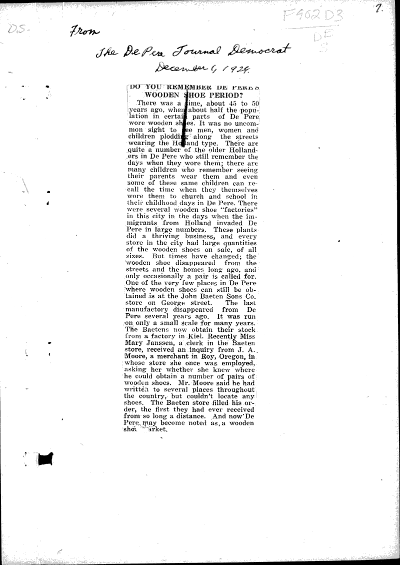 Do you remember De Pere's wooden shoe period? Source: De Pere Journal-Democrat Topics: Immigrants Date: 1924-12-01