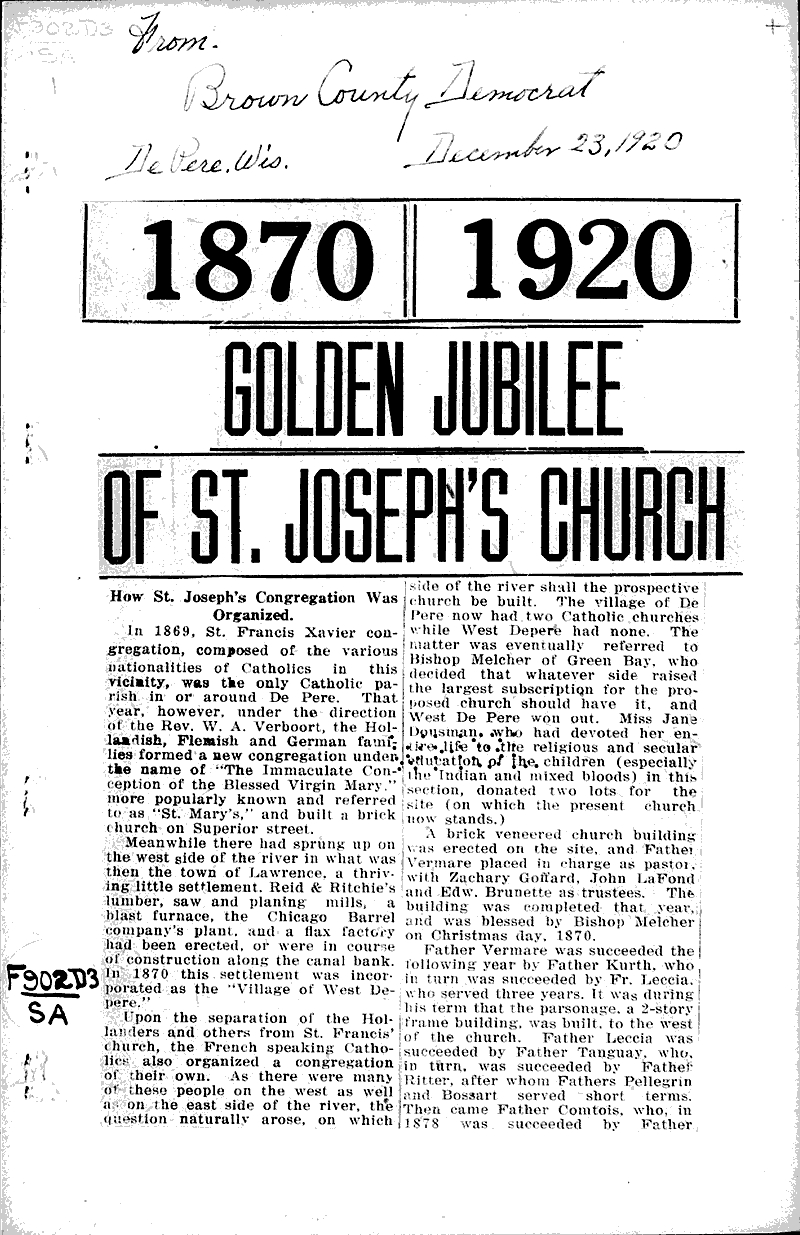  Source: Brown County Democrat Topics: Church History Date: 1920-12-23