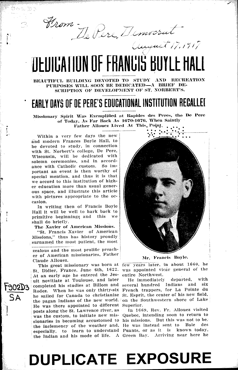  Source: De Pere Democrat Topics: Church History Date: 1917-08-17