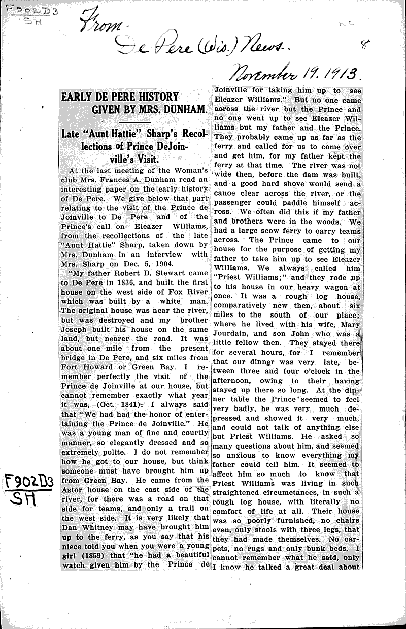 Early De Pere history given by Mrs. Dunham Newspaper Article/Clipping