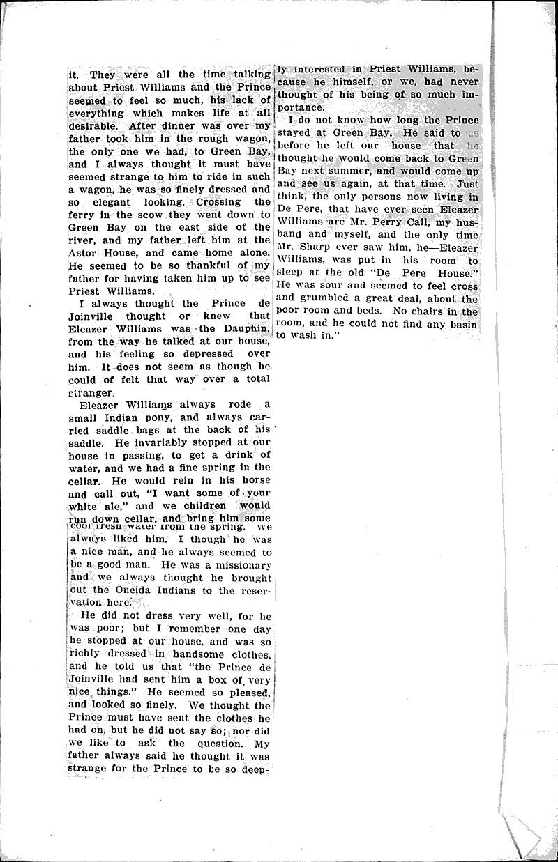 Early De Pere history given by Mrs. Dunham Newspaper Article/Clipping