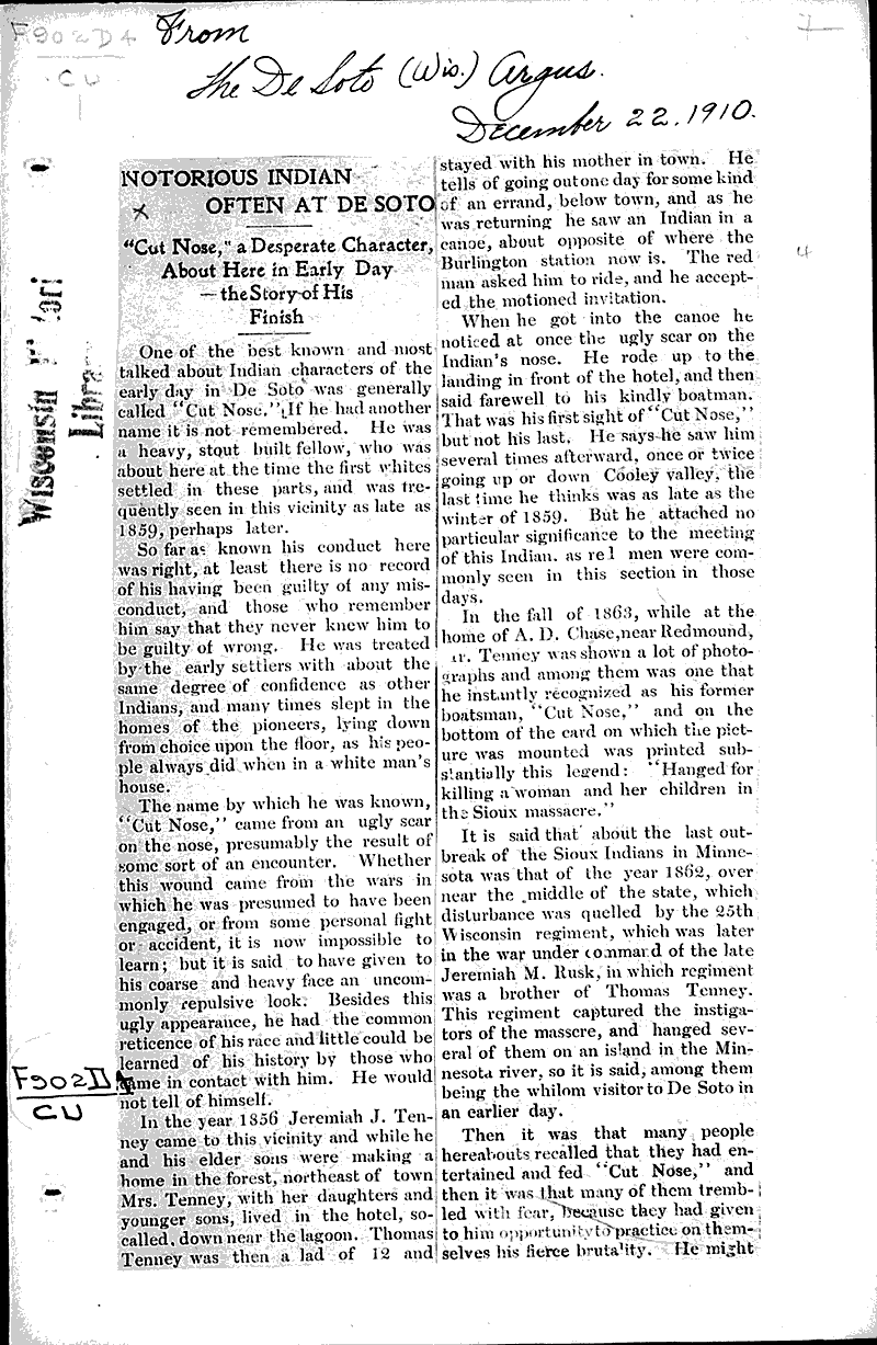 Notorious Indian often at De Soto Newspaper Article/Clipping