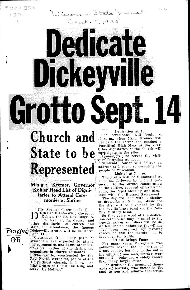 Dedicate Dickeyville Grotto Sept. 14 Newspaper Article/Clipping