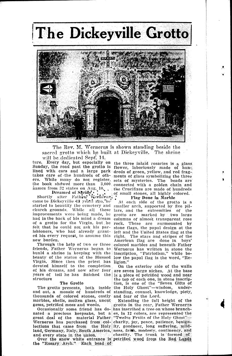 Dedicate Dickeyville Grotto Sept. 14 Newspaper Article/Clipping
