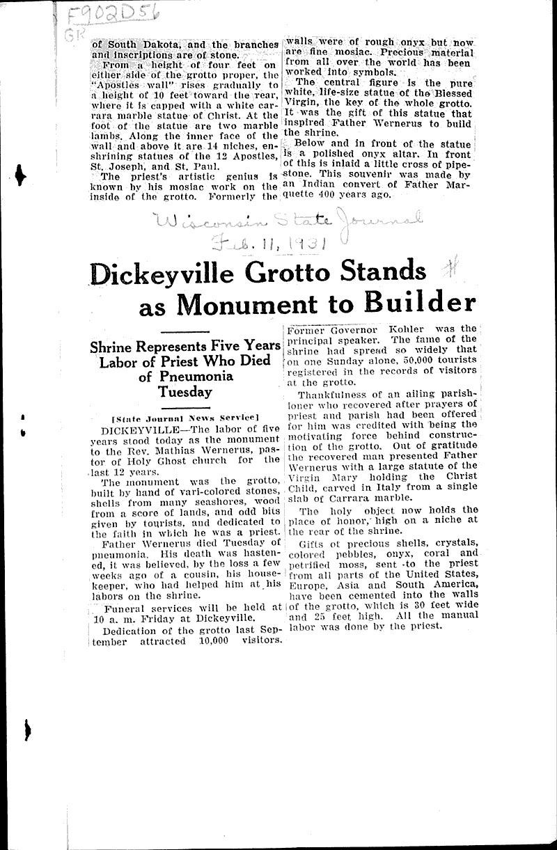 Dedicate Dickeyville Grotto Sept. 14 Newspaper Article/Clipping