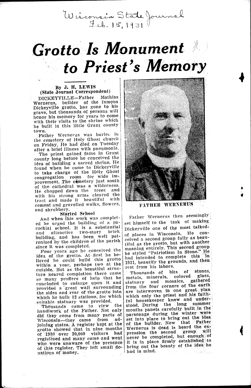 Dedicate Dickeyville Grotto Sept. 14 Newspaper Article/Clipping