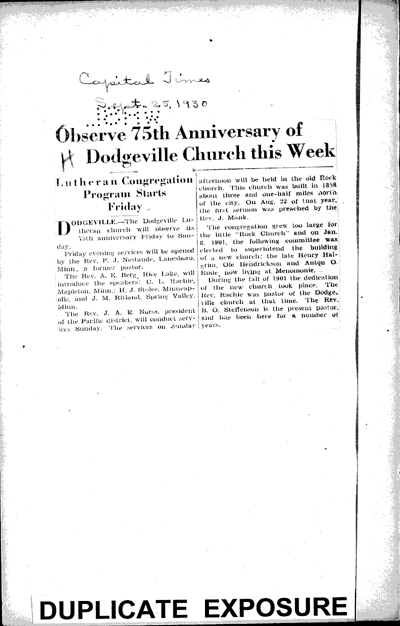 75year anniversary Dodgeville church Newspaper Article/Clipping