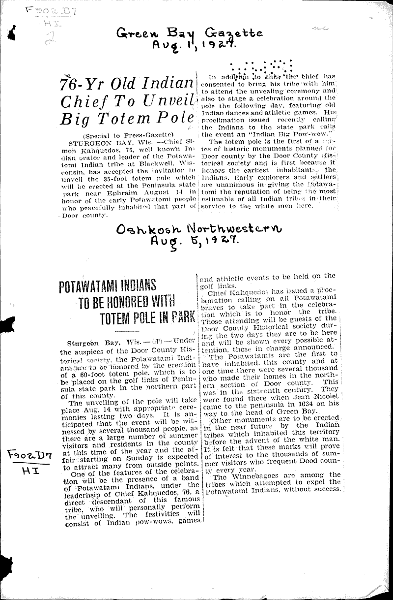  Source: Green Bay Gazette Topics: Indians and Native Peoples Date: 1927-08-01