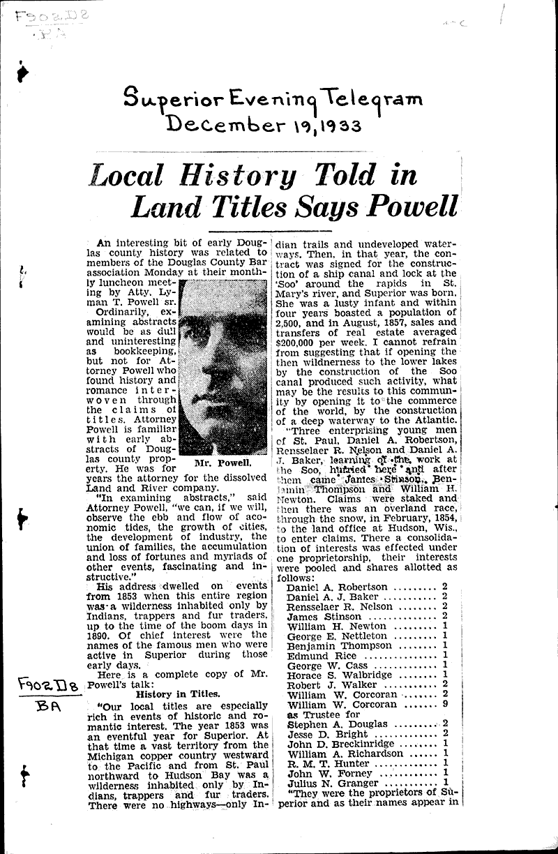 Local history told in land titles says Powell Newspaper Article
