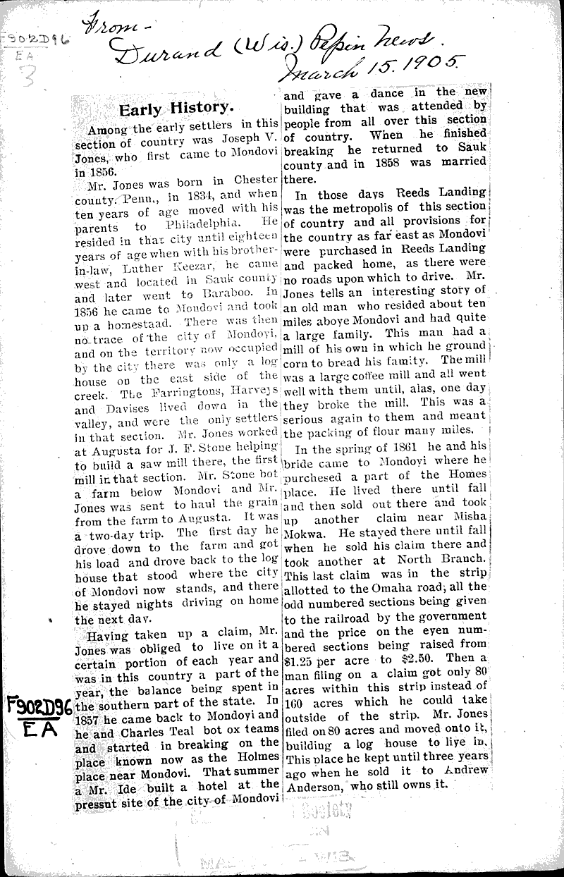 Early history Newspaper Article/Clipping Wisconsin Historical Society