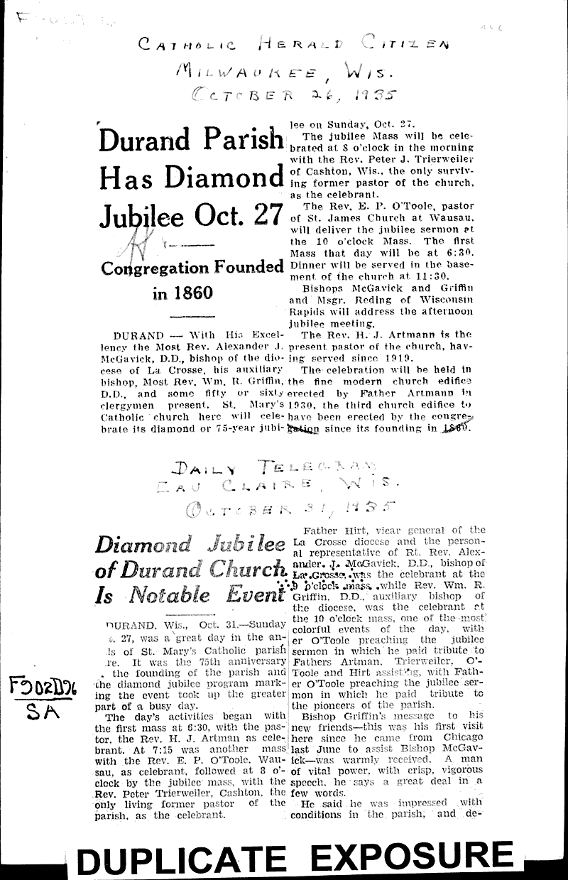 Durand parish has diamond jubilee Oct. 27 Newspaper Article/Clipping Wisconsin Historical