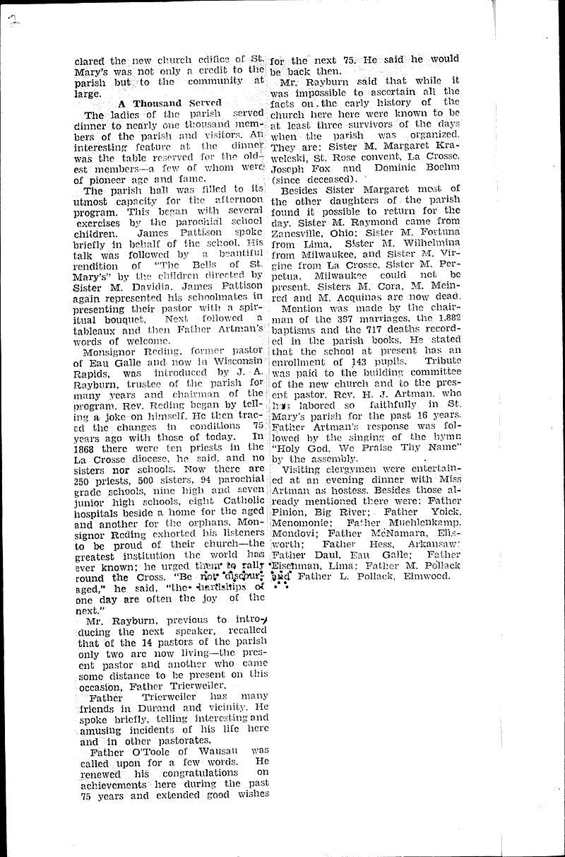 Durand parish has diamond jubilee Oct. 27 Newspaper Article/Clipping Wisconsin Historical