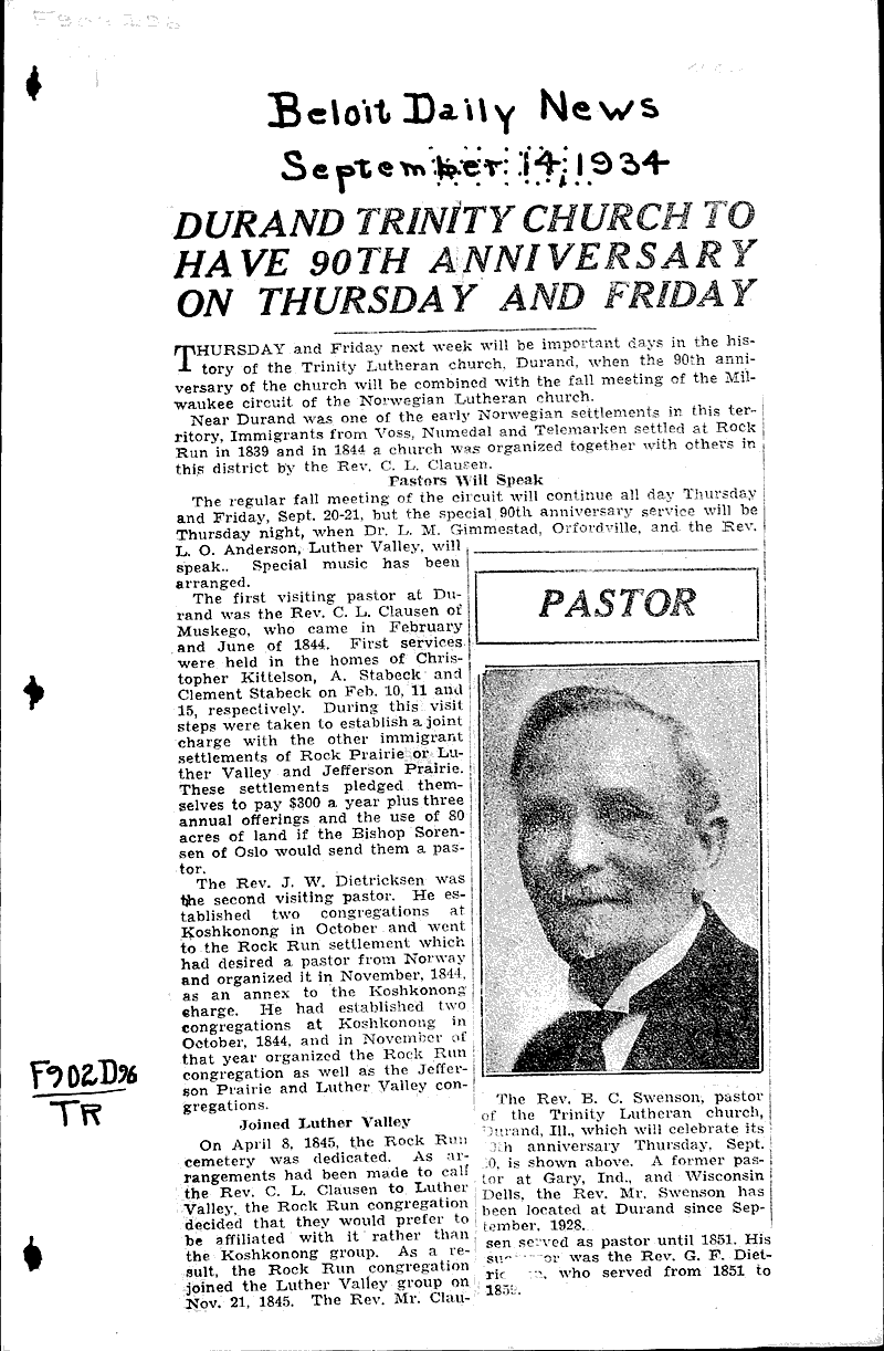  Source: Beloit Daily News Topics: Church History Date: 1934-09-14