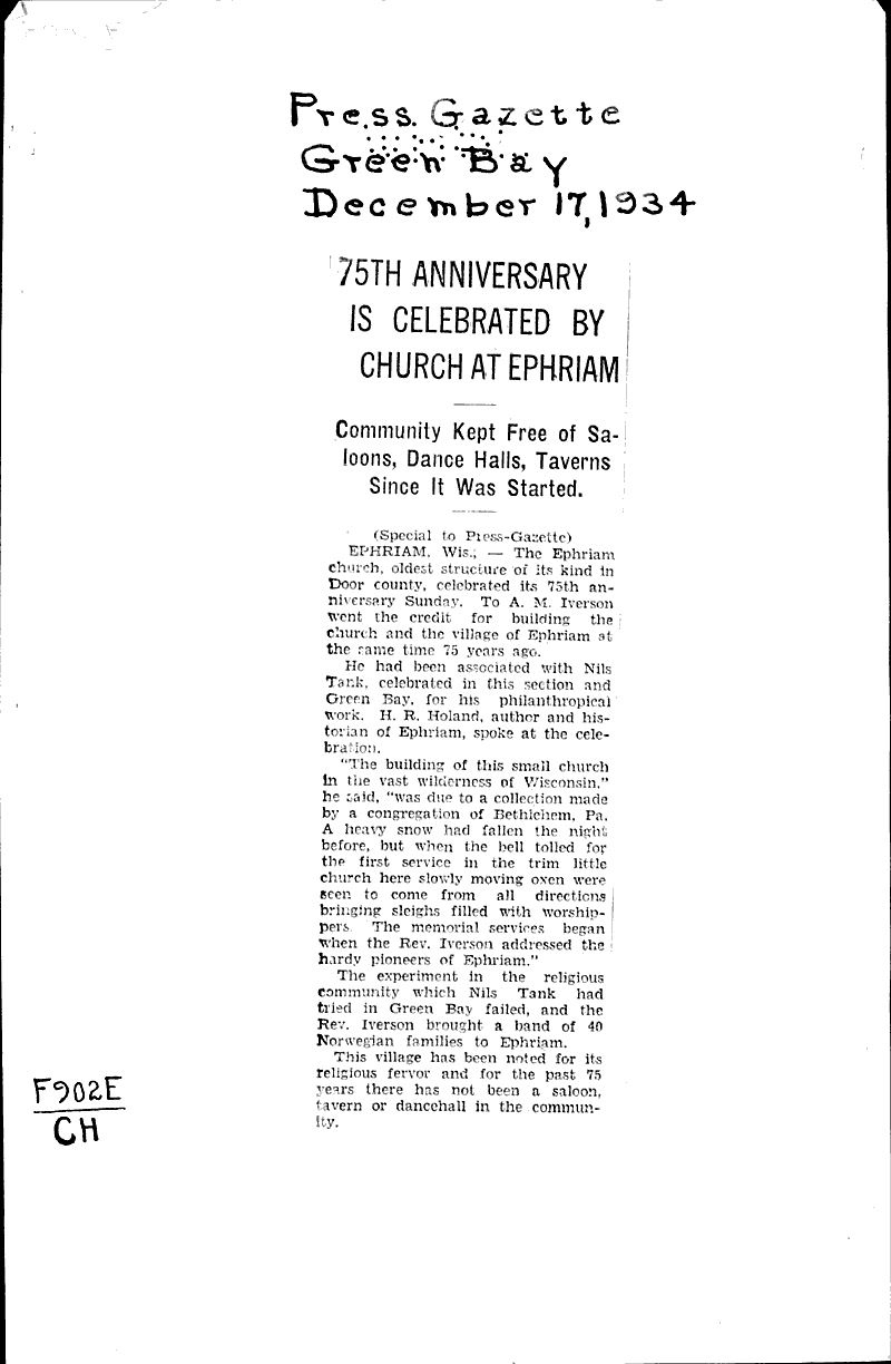  Source: Green Bay Press Gazette Topics: Church History Date: 1934-12-17
