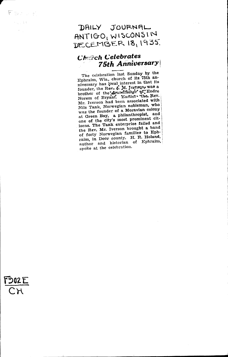 Source: Green Bay Press Gazette Topics: Church History Date: 1934-12-17