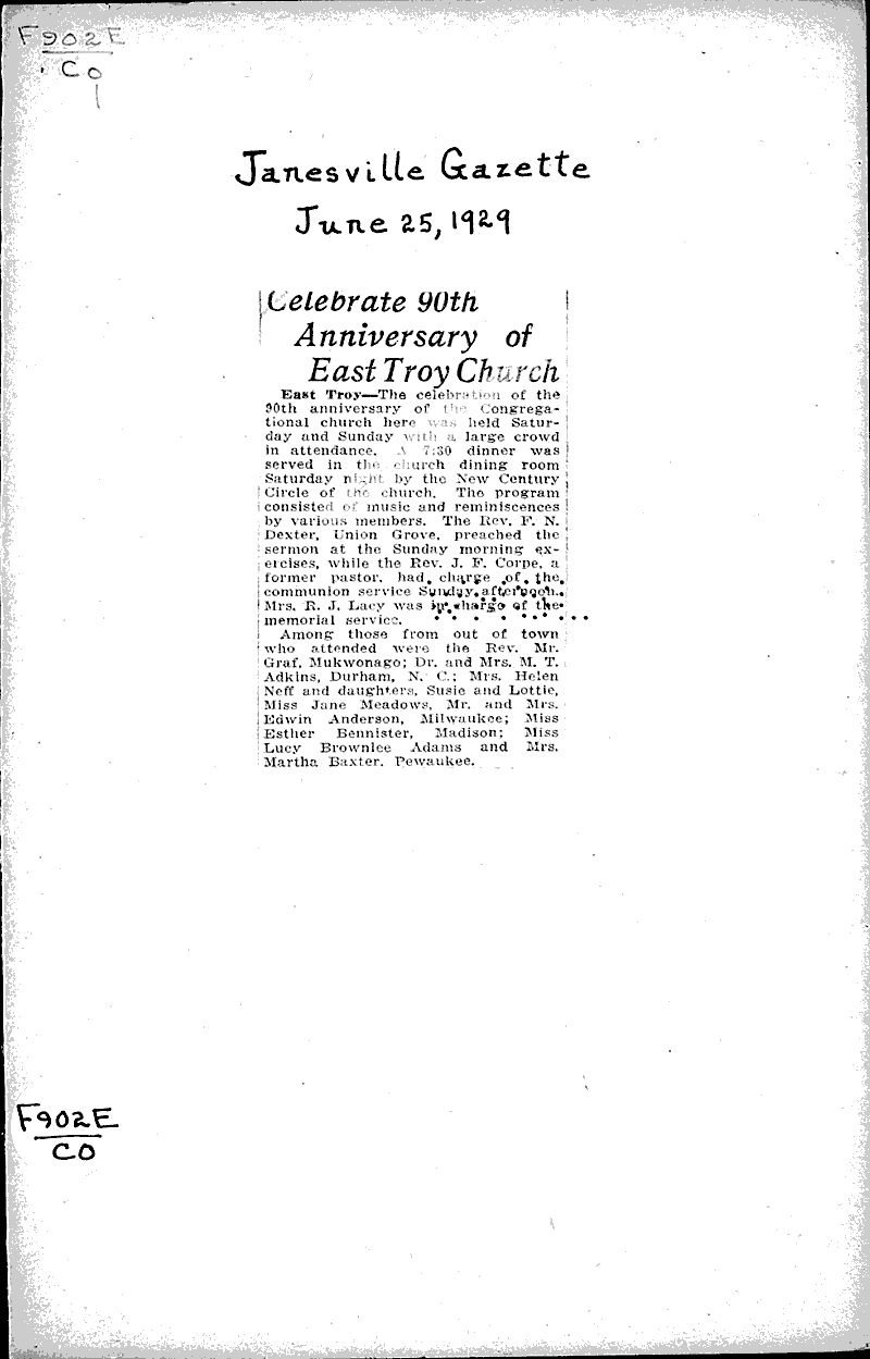  Source: Janesville Gazette Topics: Church History Date: 1929-06-25