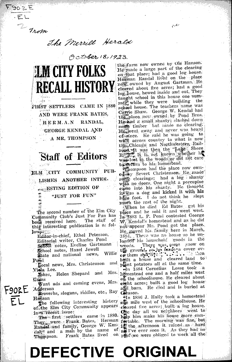 Elm City folks recall history Newspaper Article/Clipping Wisconsin Historical Society