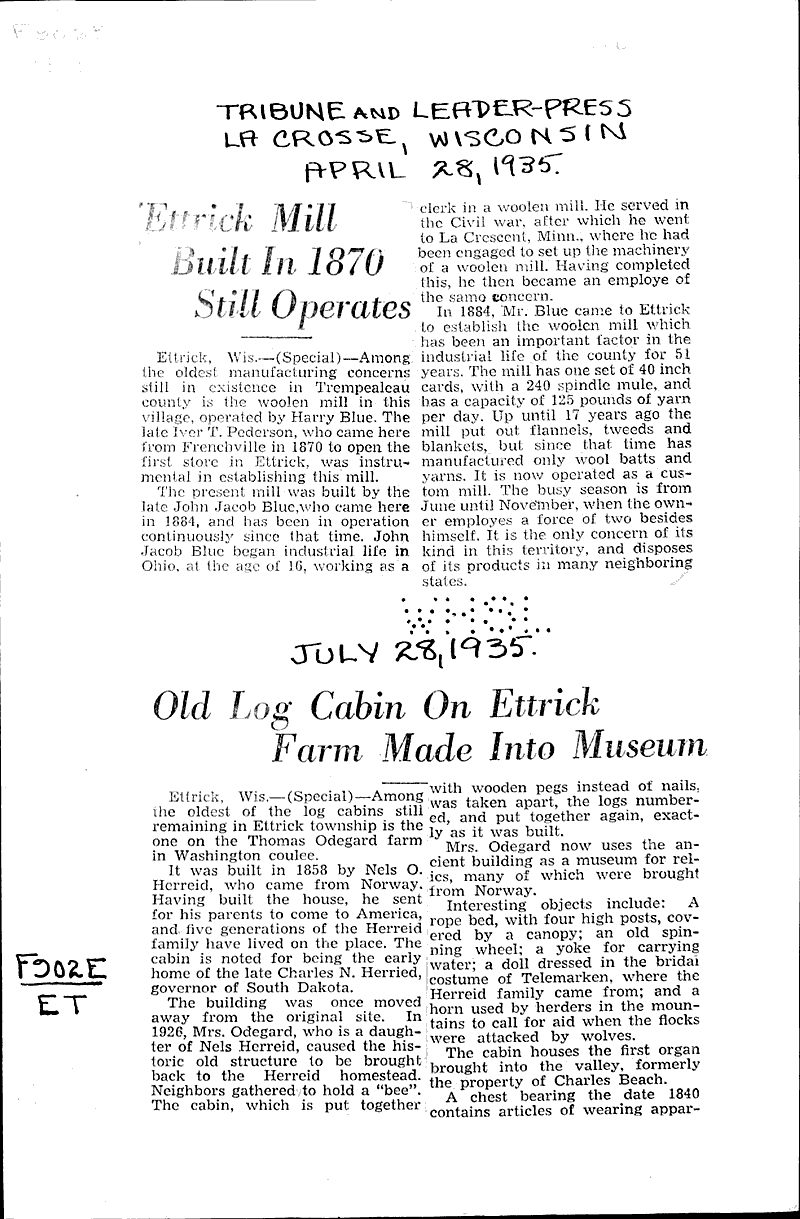 Ettrick Mill built in 1870 still operates Newspaper Article/Clipping