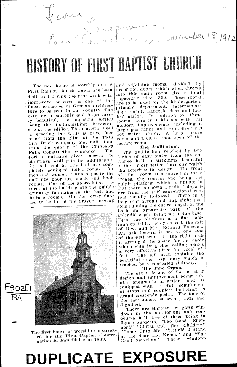  Source: Eau Claire Telegram Topics: Church History Date: 1912-11-18