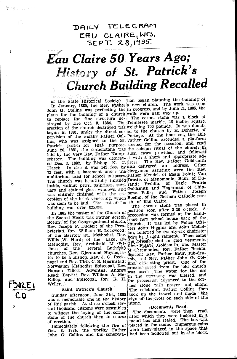  Source: Eau Claire Telegram Topics: Church History Date: 1935-09-28