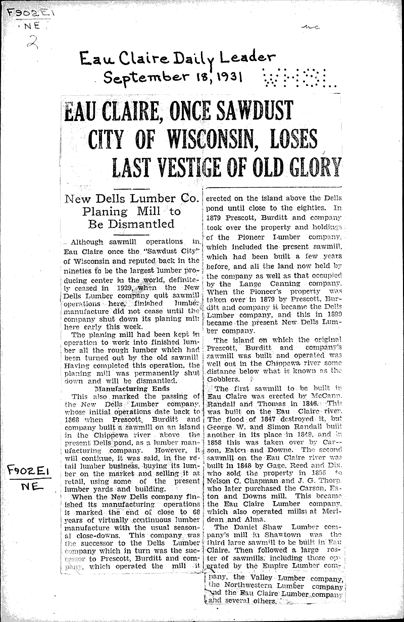  Source: Eau Claire Leader Topics: Industry Date: 1931-09-18