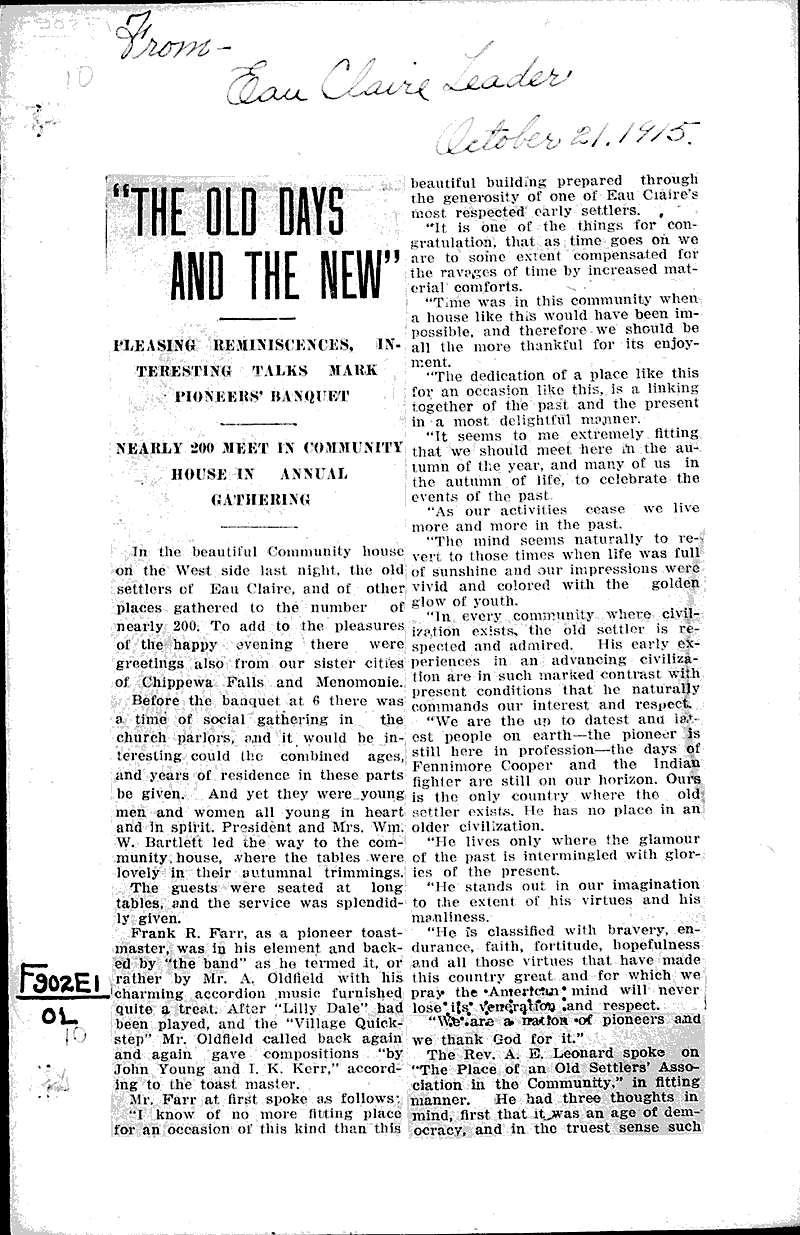 The old days and the new Source: Eau Claire Leader Topics: Social and Political Movements Date: 1915-10-21